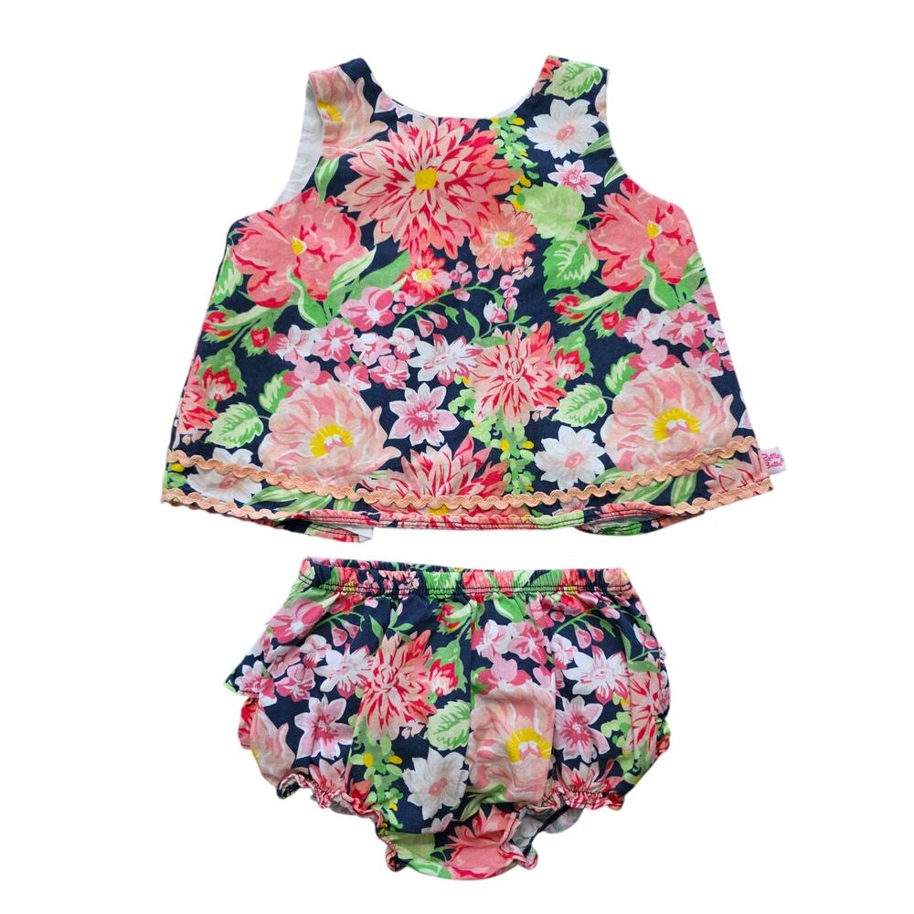 RuffleButts Sunset Garden Swing Top w/ Matching Bloomers Floral Size 6-12 Month